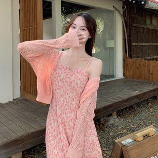 Spaghetti-strap Floral Slit A-line Dress / Cardigan