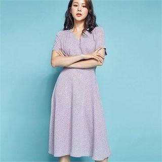 V-neck Smocked-detail Floral Midi Dress