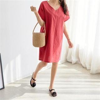 V-neck Linen Blend Mini Dress