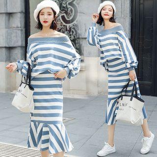 Set: Striped Sweatshirt + Midi Ruffle Hem Skirt