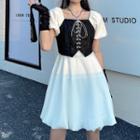 Mock Two-piece Puff-sleeve Lace-up A-line Dress