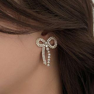 Bow Faux Pearl Earring 1 Pair - White & Gold - One Size
