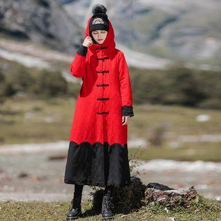 Hooded Knot Button Color Panel Padded Long Coat
