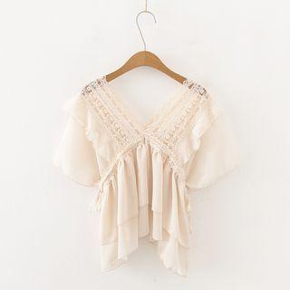 Lace Trim V-neck Short-sleeve Blouse Almond - One Size