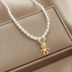 Rabbit Rhinestone Pendant Faux Pearl Alloy Necklace Gold & White - One Size