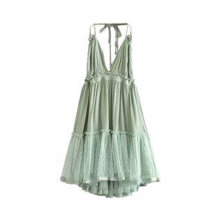 Spaghetti Strap Dotted Mesh Panel A-line Dress