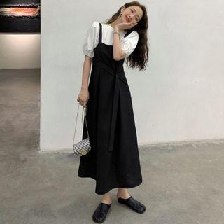 Puff-sleeve Plain Top / Plain Lace-up Jumper Dress