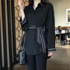 Long-sleeve Drawstring Contrast Trim Dress Black - One Size