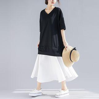 Mock Two-piece Elbow-sleeve Midi Dress Black - One Size