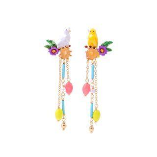 Fashion And Elegant Plated Gold Enamel Bird Flower Tassel Earrings With Cubic Zirconia Golden - One Size