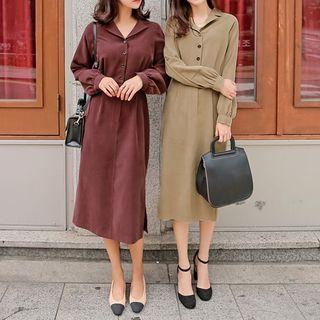 Notched-collar Half-placket Midi Shirtdress