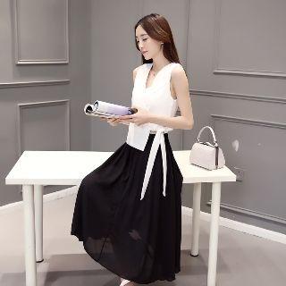 Set: Sleeveless V-neck Lace-up Top + A-line Skirt