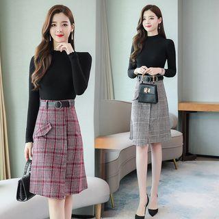 Set: Knit Top + Glen Plaid A-line Skirt