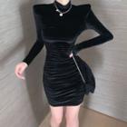 Long-sleeve Velvet Mock-neck Mini Bodycon Dress