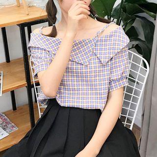 Plaid Short Sleeve Cold Shoulder Top