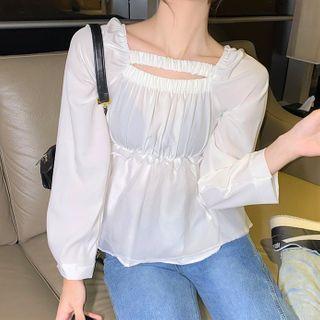 Long-sleeve Plain Shirred Blouse White - One Size