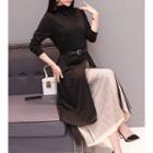 Set: Mock-neck Long-sleeve Slit Top + Printed Midi A-line Skirt