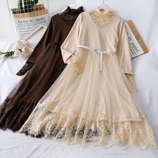 Lace-panel Mock Two-piece A-line Dress With Belt