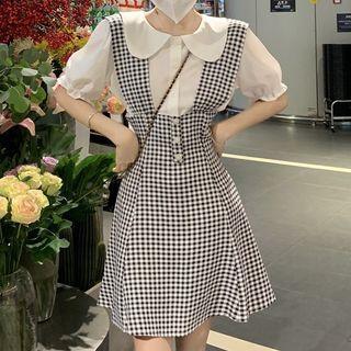 Set: Short-sleeve Round-collar Blouse + Check Mini A-line Overall Dress