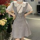 Set: Short-sleeve Round-collar Blouse + Check Mini A-line Overall Dress