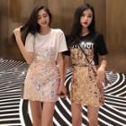 Sequined Short-sleeve T-shirt / Mini A-line Skirt