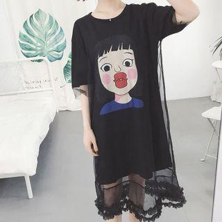 Printed Mesh Overlay Short Sleeve Midi T-shirt Dress