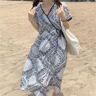 Short-sleeve Paisley Print Midi A-line Dress