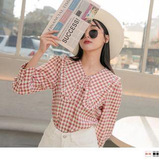 3/4 Sleeve Frill Trim Collar Gingham Shirt