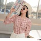 3/4 Sleeve Frill Trim Collar Gingham Shirt