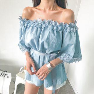 Off-shoulder Lace-trim Top With Sash