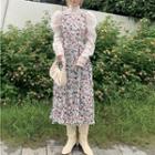 Puff-sleeve Turtleneck Top / Flower Print Mid Overall Dress