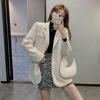 Plain Long-sleeve T-shirt / Single-breasted Blazer / Leopard Print Mini A-line Skirt