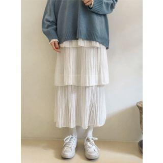 Band-waist Pleated Maxi Tiered Skirt