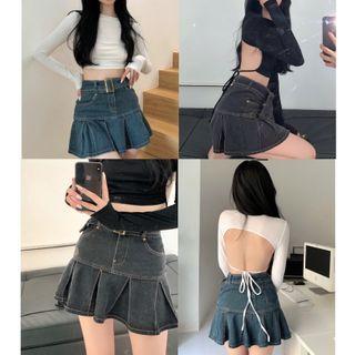 Long-sleeve Plain Open-back Cropped Top / Denim Mini Skirt