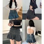 Long-sleeve Plain Open-back Cropped Top / Denim Mini Skirt