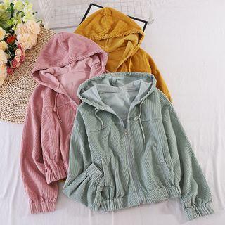 Corduroy Hooded Drawstring Zip Jacket