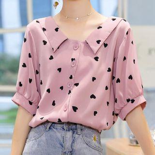 Short-sleeve Heart Printed Chiffon Blouse