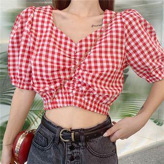 Checked Short-sleeve Cropped Blouse
