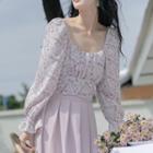 Puff-sleeve Bow-back Floral Print Blouse