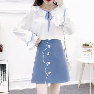 Set: Bow Neck Blouse + Contrast Trim A-line Skirt