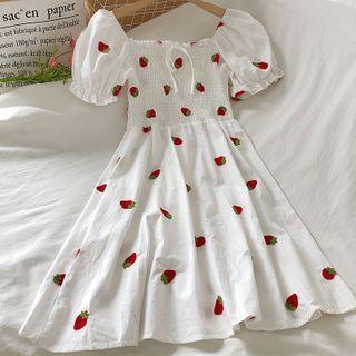 Embroidered Smocked A-line Dress Strawberry - One Size