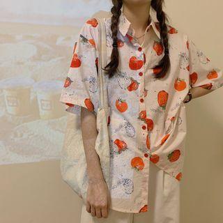 Elbow-sleeve Fruit Print Shirt Pink - One Size