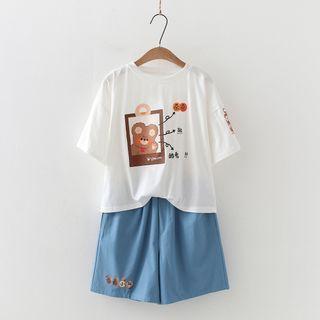Set:bear Print T-shirt + Wide-leg Shorts
