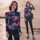 Set: Long-sleeve Floral Print Swim Top + Leggings + Shorts