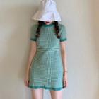 Short-sleeve Plaid Mini Knit Dress Green - One Size