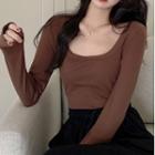 Long-sleeve U-neck Plain Slim Fit T-shirt