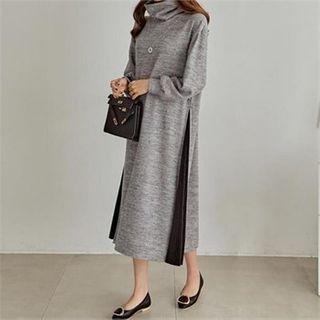 Turtle-neck Pleated-trim Knit Dress