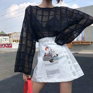 Plain See-through Long-sleeve Loose-fit Knit Top