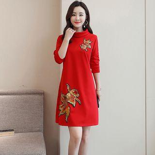Long-sleeve Goldfish Embroidered A-line Dress