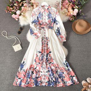 Long-sleeve Floral Print Midi Shirtdress White - One Size